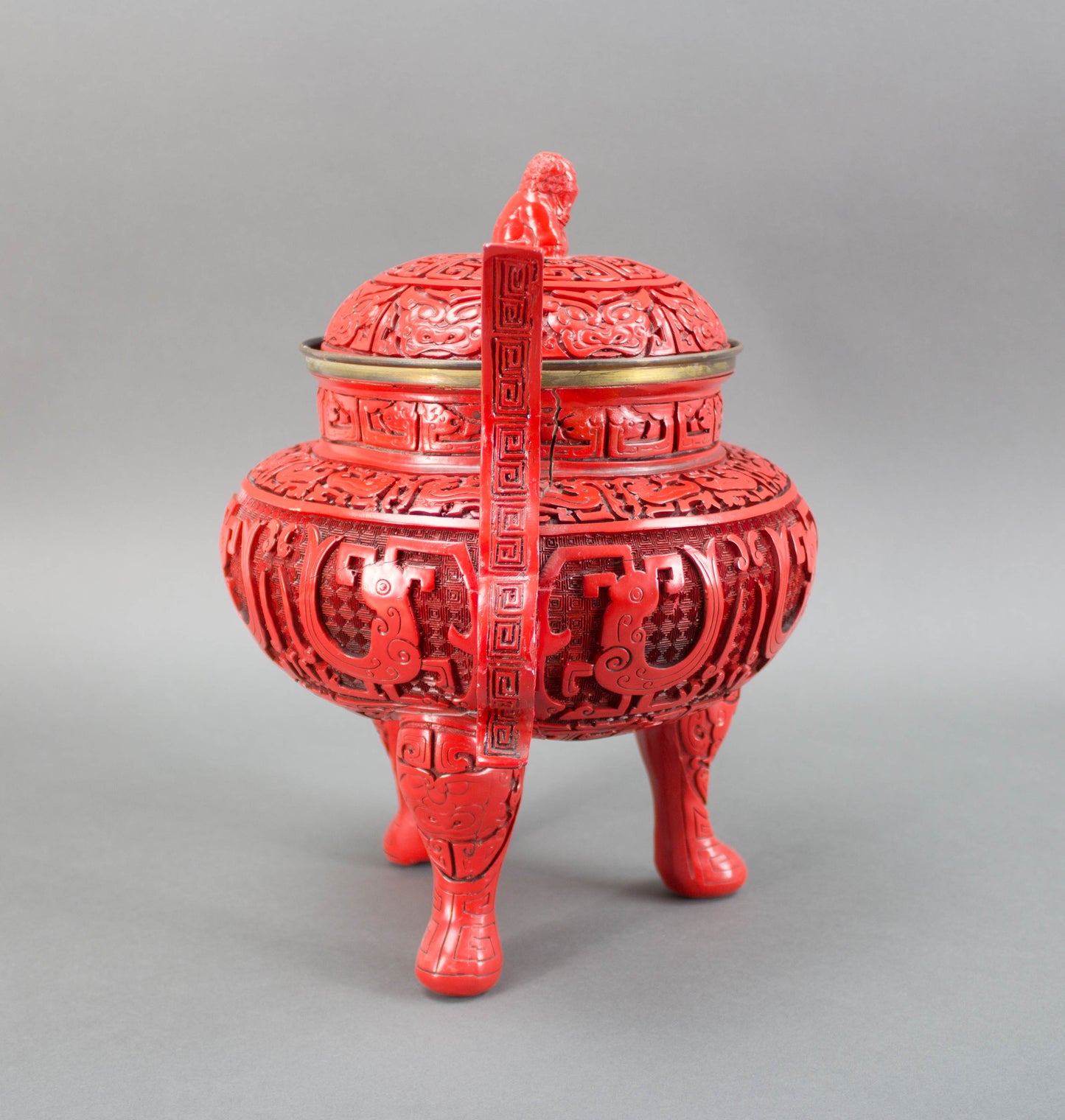 Chinese Republic Large Cinnabar Lacquered Tripod Incense Burner Foo Dog