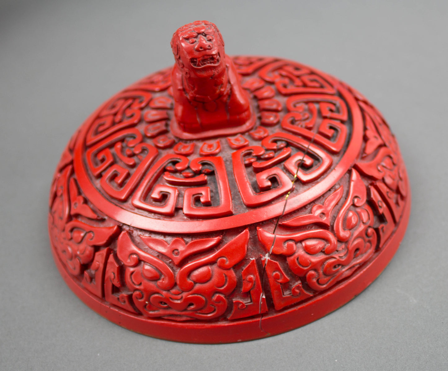 Chinese Republic Large Cinnabar Lacquered Tripod Incense Burner Foo Dog