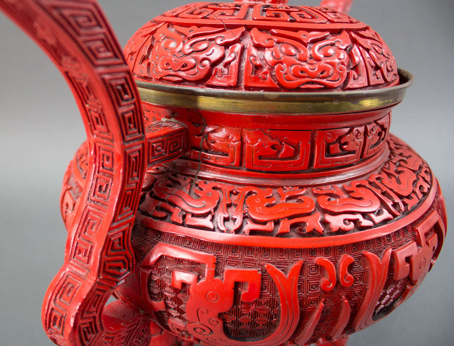 Chinese Republic Large Cinnabar Lacquered Tripod Incense Burner Foo Dog