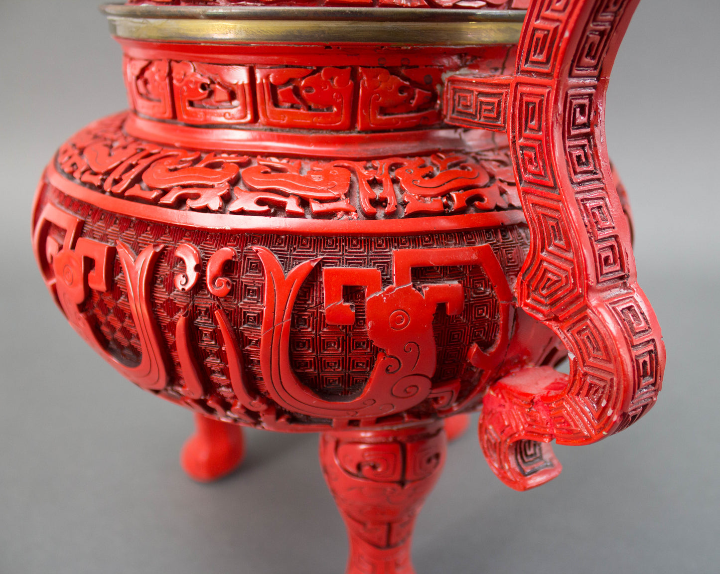 Chinese Republic Large Cinnabar Lacquered Tripod Incense Burner Foo Dog