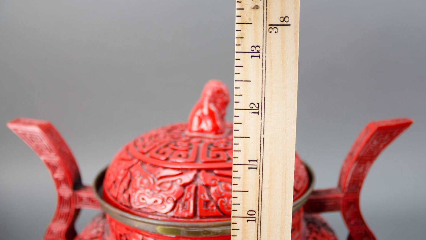 Chinese Republic Large Cinnabar Lacquered Tripod Incense Burner Foo Dog