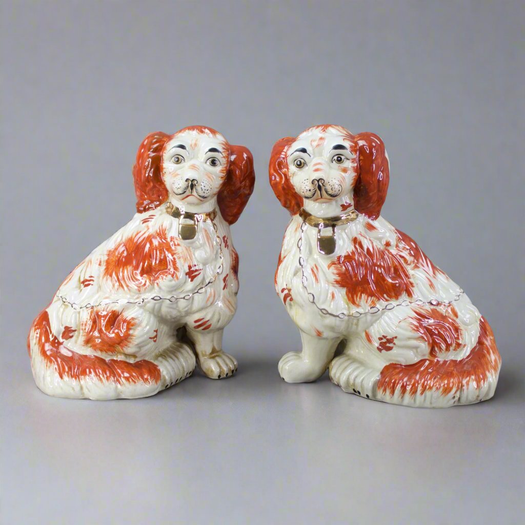 Pair Of Staffordshire Red & White Ceramic Mantle Spaniel Dogs Figurines