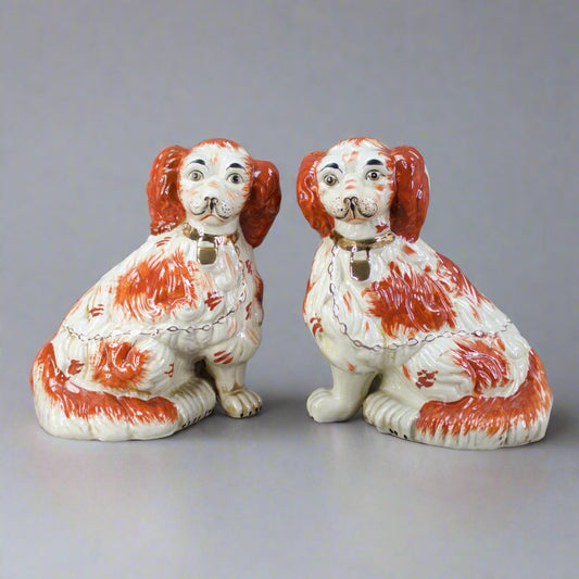 Pair Of Staffordshire Red & White Ceramic Mantle Spaniel Dogs Figurines