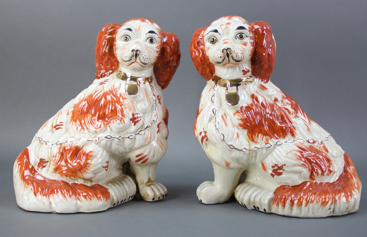 Pair Of Staffordshire Red & White Ceramic Mantle Spaniel Dogs Figurines