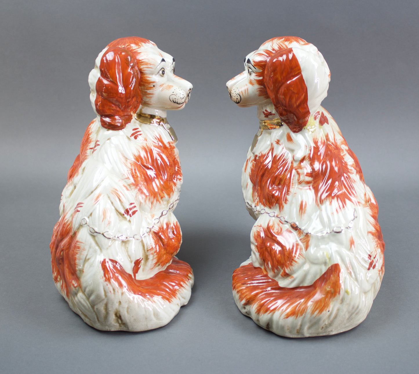 Pair Of Staffordshire Red & White Ceramic Mantle Spaniel Dogs Figurines