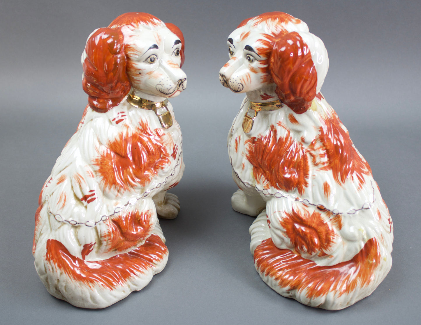 Pair Of Staffordshire Red & White Ceramic Mantle Spaniel Dogs Figurines