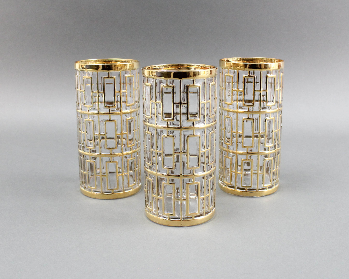 Imperial Glass Shoji Trellis 22K Gold Highball Glasses Tumblers 5 3/4" Set of 3