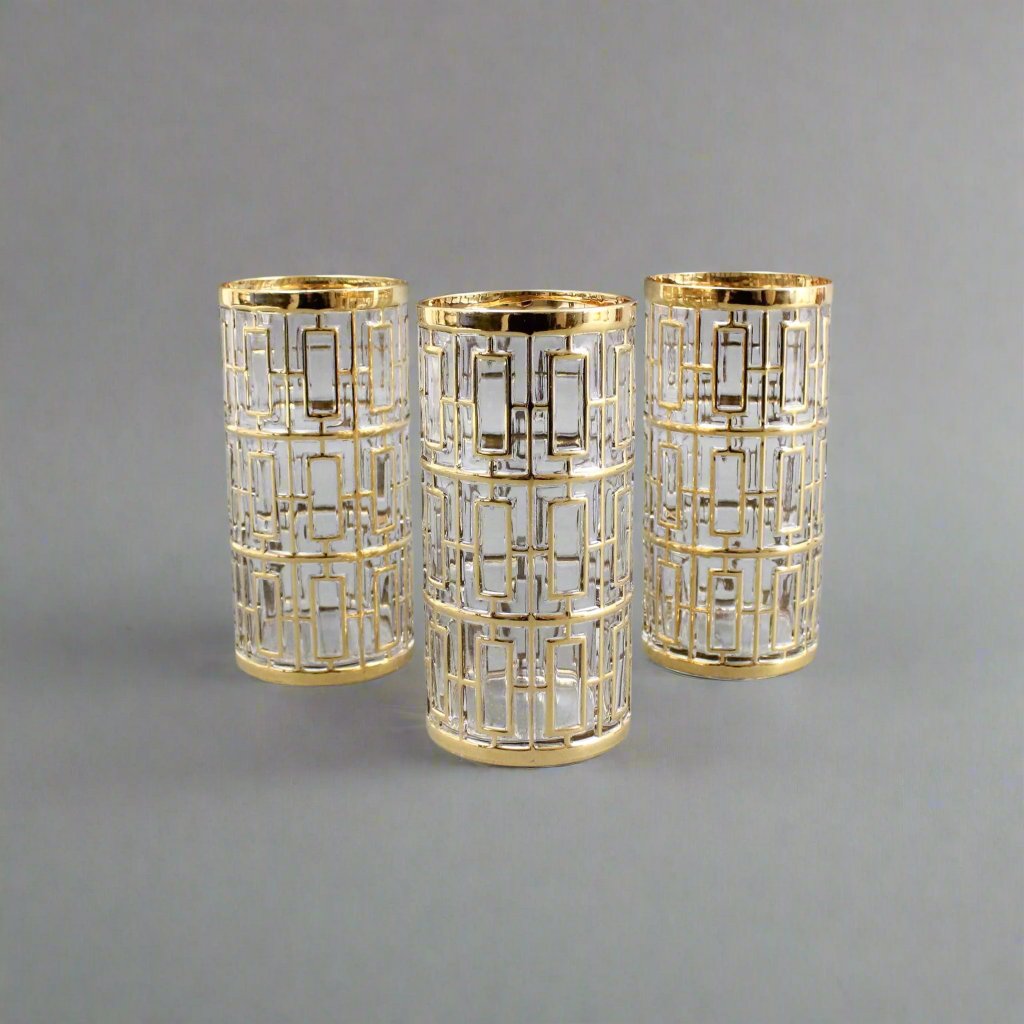 Imperial Glass Shoji Trellis 22K Gold Highball Glasses Tumblers 5 3/4" Set of 3