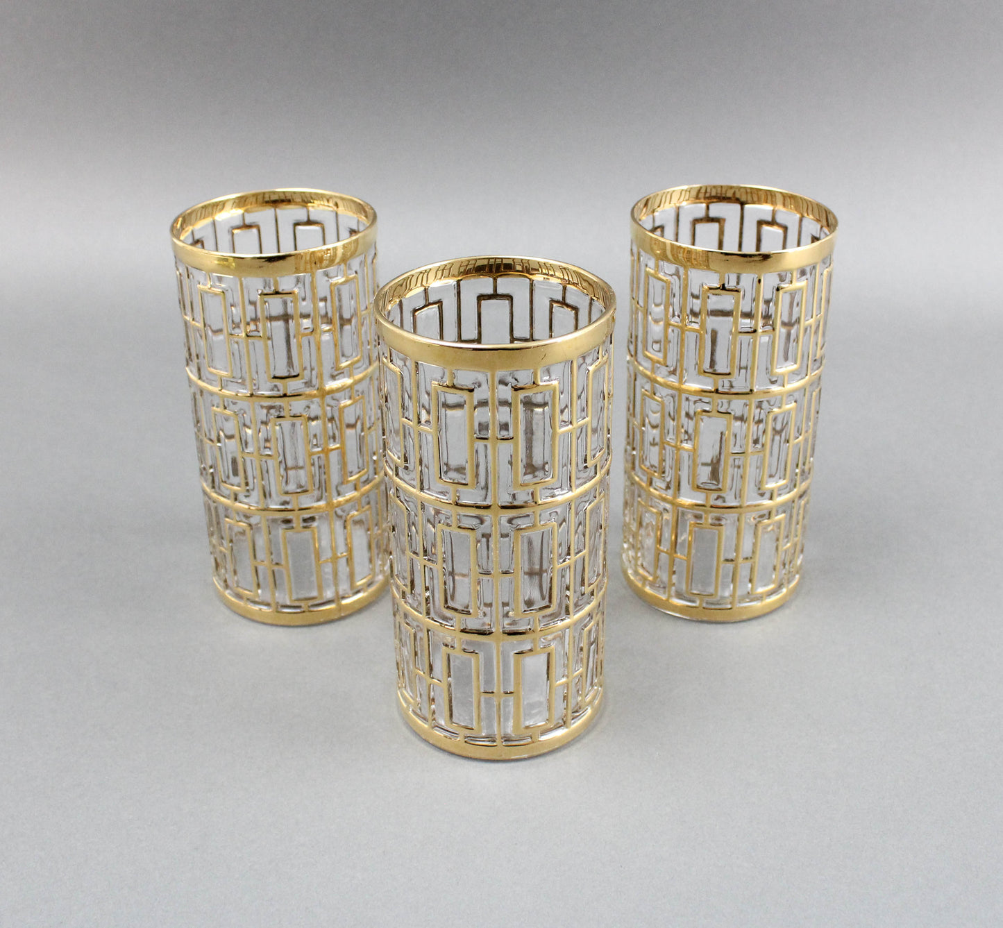 Imperial Glass Shoji Trellis 22K Gold Highball Glasses Tumblers 5 3/4" Set of 3