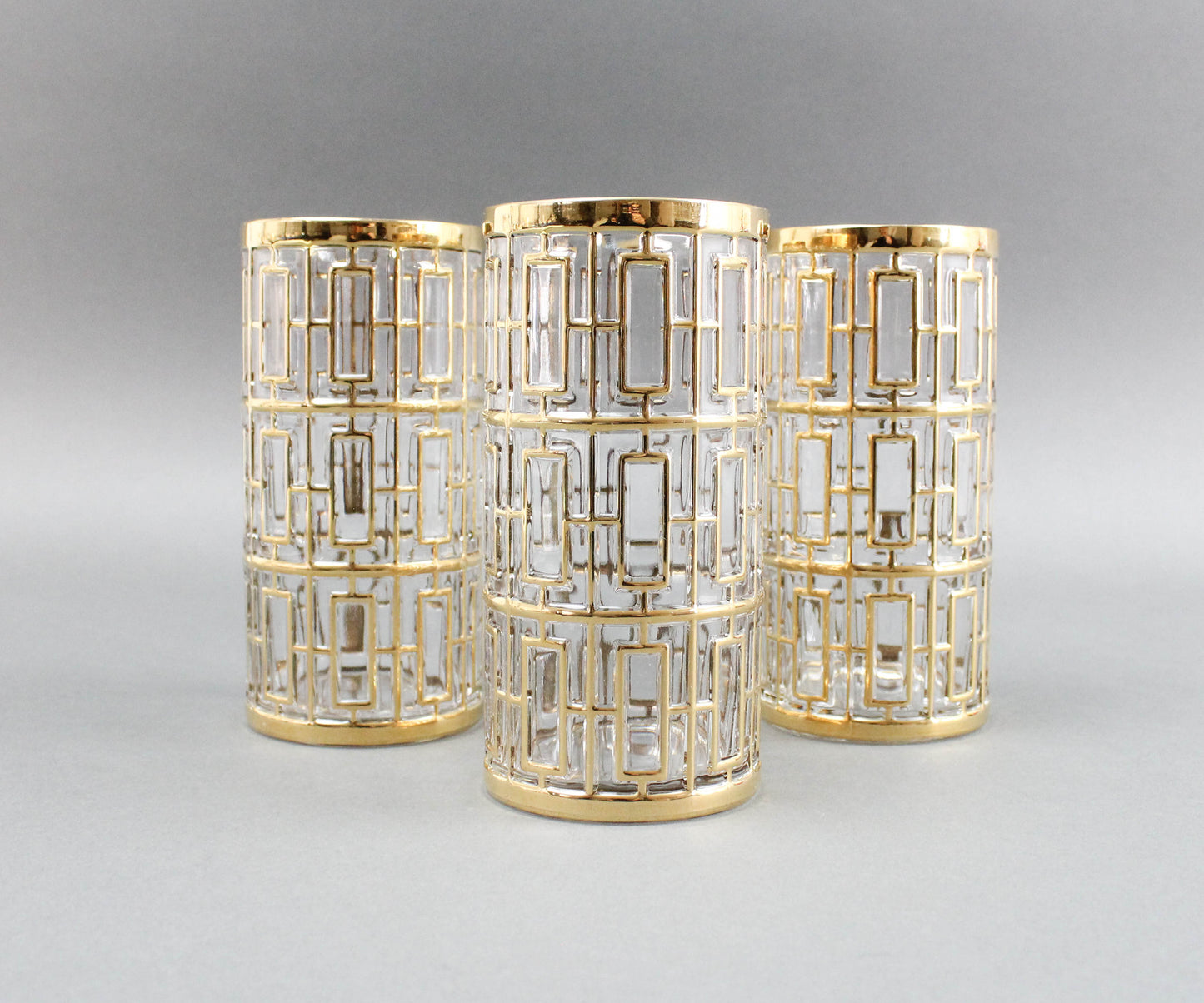 Imperial Glass Shoji Trellis 22K Gold Highball Glasses Tumblers 5 3/4" Set of 3