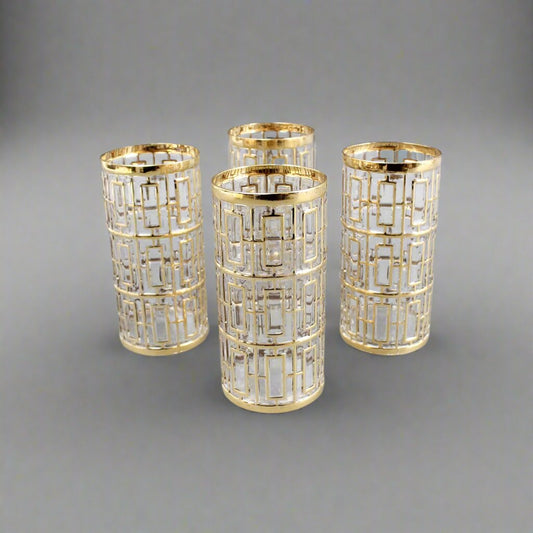 Imperial Glass Shoji Trellis 22K Gold Highball Glasses Tumblers 5 3/4" Set of 4