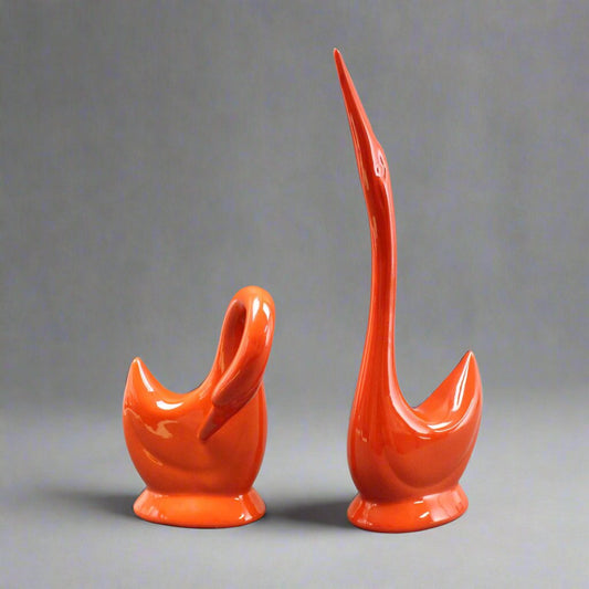 Jaru California Pair Orange Art Pottery Swans Bird Sculpture Mid Century Modern