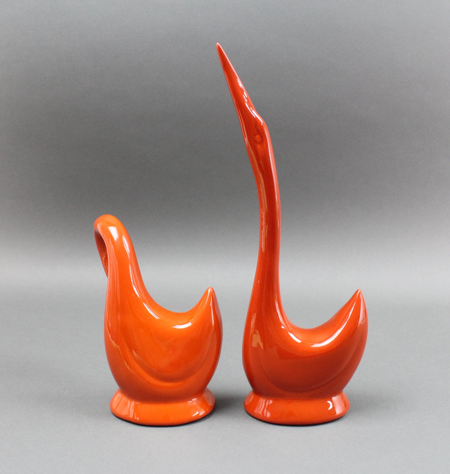 Jaru California Pair Orange Art Pottery Swans Bird Sculpture Mid Century Modern