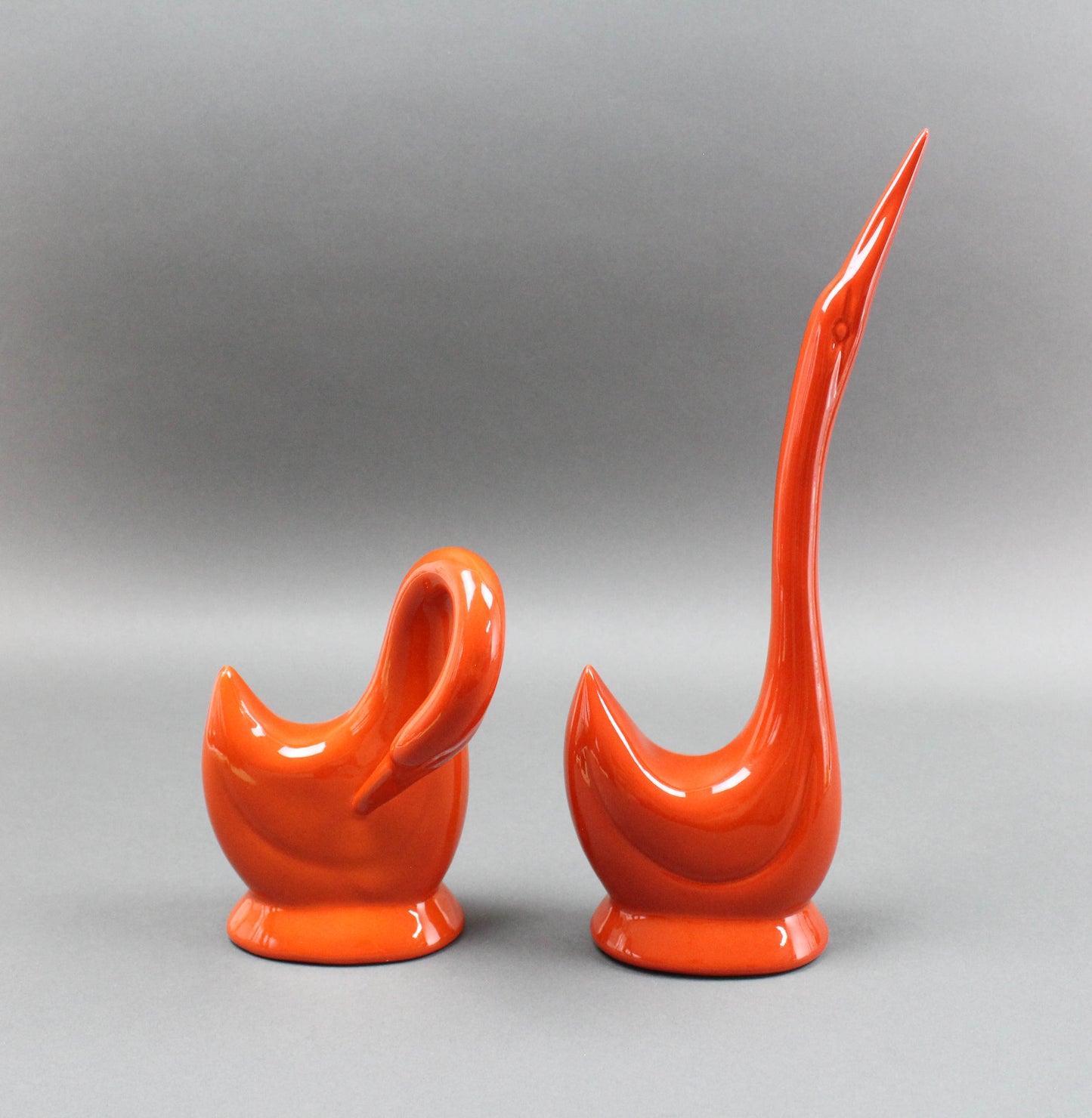 Jaru California Pair Orange Art Pottery Swans Bird Sculpture Mid Century Modern